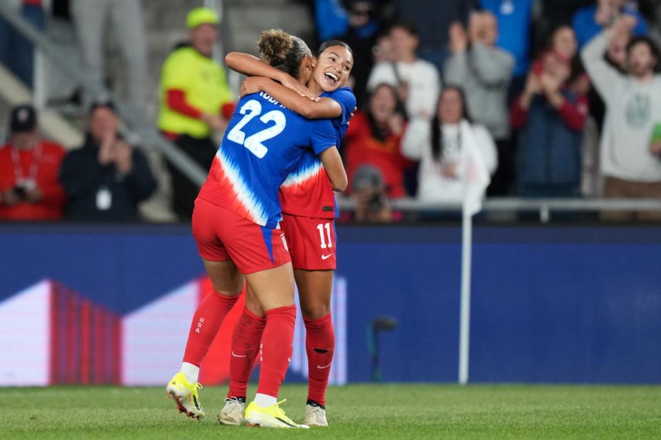COLUMBUS, OHIO - APRIL 09: Sophia Smith #11 of the United States celebrates scoring with Trinity Rodman #22 during the second half against Canada in the 2024 SheBelieves Cup final match at Lower.com Field on April 09, 2024 in Columbus, Ohio. (Photo by Brad Smith/ISI Photos/USSF/Getty Images for USSF)