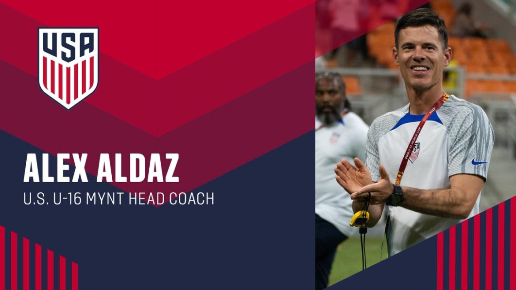 Graphic with a photo of Alex Aldaz and text Alex Aldaz U.S. U-16 MYNT Head Coach