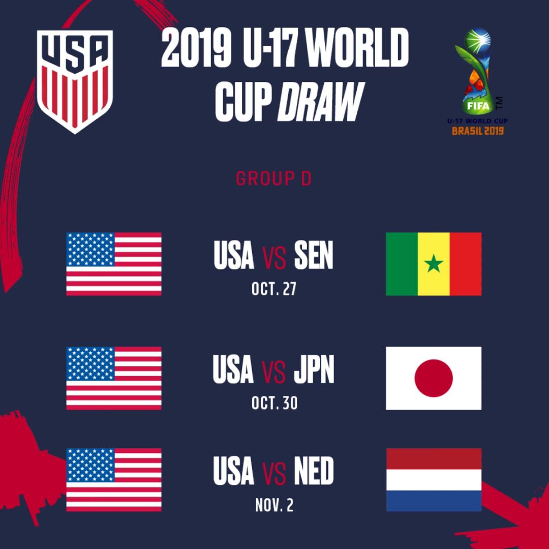 USA to Face Senegal, Japan and Netherlands at 2019 FIFA U-17 World Cup in Brazil