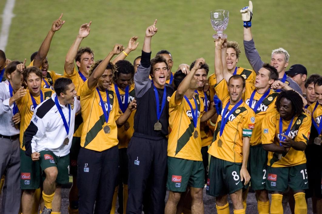 LA Galaxy – led by Landon Donovan – after their 2005 U.S. Open Cup win over FC Dallas     