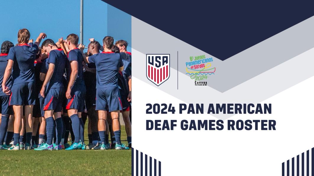 Graphic with a photo of the U.S. Deaf MNT and text 2024 Pan American Deaf Games Roster