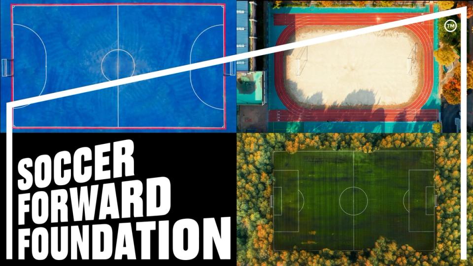 Pictures of a soccer futsal court, beach court and soccer field with text Soccer Forward Foundation