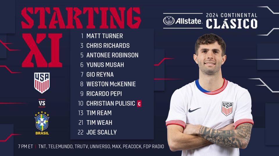 usa vs brazil allstate continental clasico starting xi matt turner chris richards antonee robinson yunus musah gio reyna weston mckennie ricardo pepi christian pulisic c tim ream joe scally tim weah