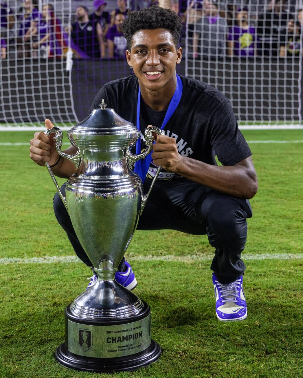 Alex Freeman with the U.S. Open Cup trophy following Orlando City SC's victory against Sacramento Republic FC in the 2022 Final (Photo: Orlando City SC)