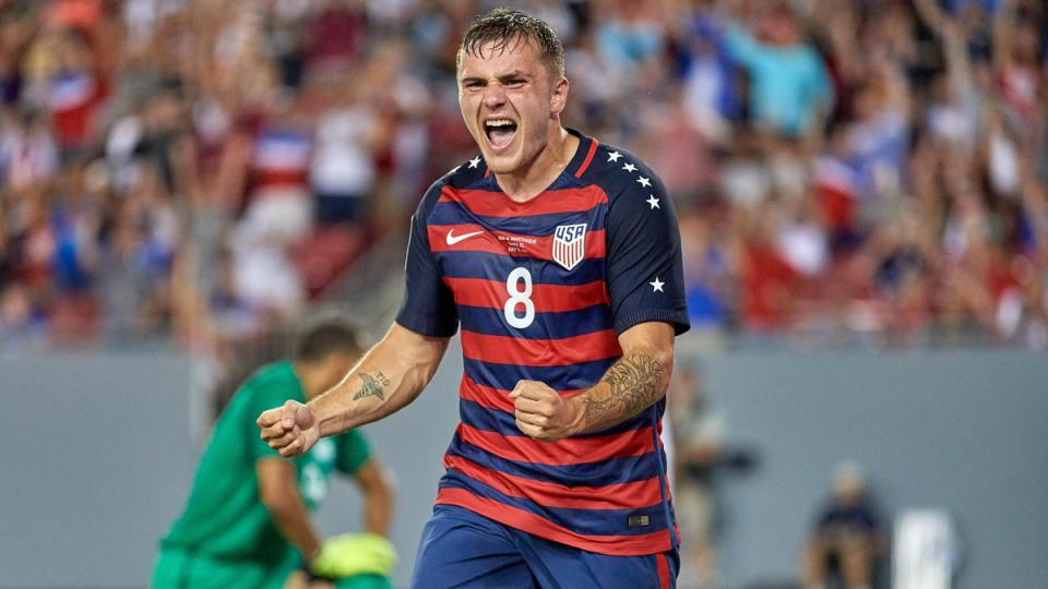 Jordan Morris celebrates after scoring a goal during a Concacaf Gold Cup Group B match between the United States and Martinique at Raymond James Stadium on July 12, 2017 at Raymond James Stadium (Photo by Robin Alam/Icon Sportswire via Getty Images)