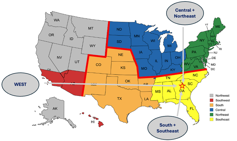 Map of the USA splitting up the different Talent ID regions