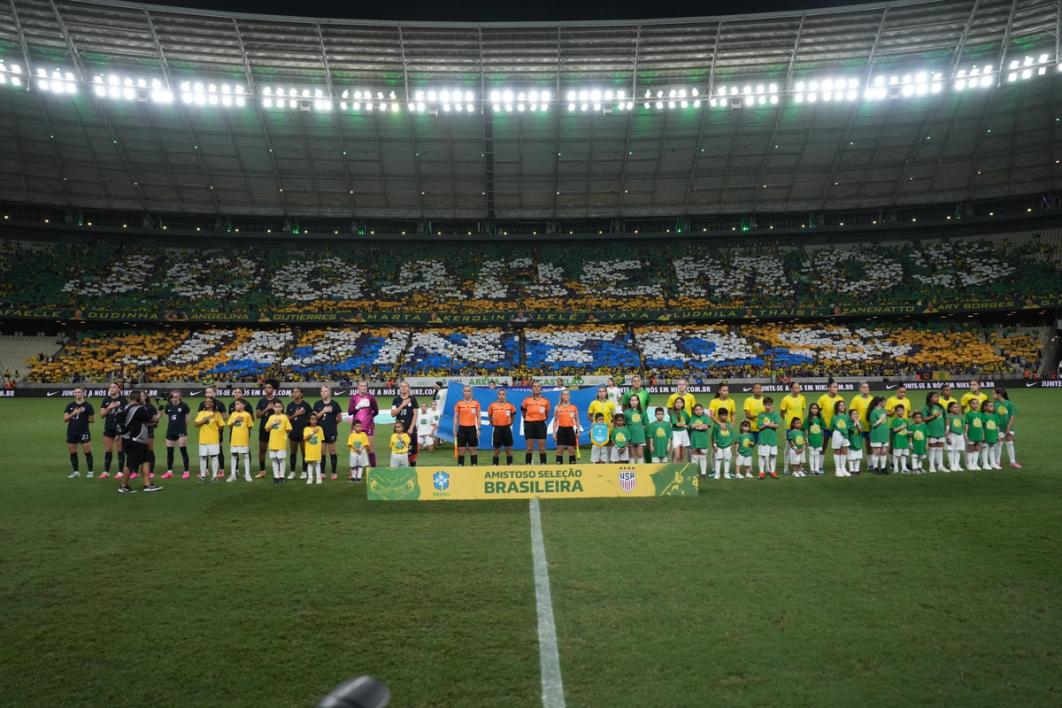 Players and match officials line up for the national anthems prior to the match between Brazil and United States at Arena Castelão on June 09, 2026 in Fortaleza, Brazil. (Photo by Brad Smith/USSF/Getty Images)