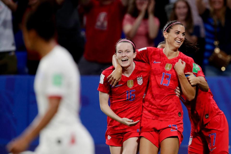 Alex Morgan #13 and Rose Lavelle #16 during the World Cup match against England at the Stade de Lyon on July 2, 2019 in Lyon France (Photo by Eric Verhoeven/Soccrates/Getty Images)
