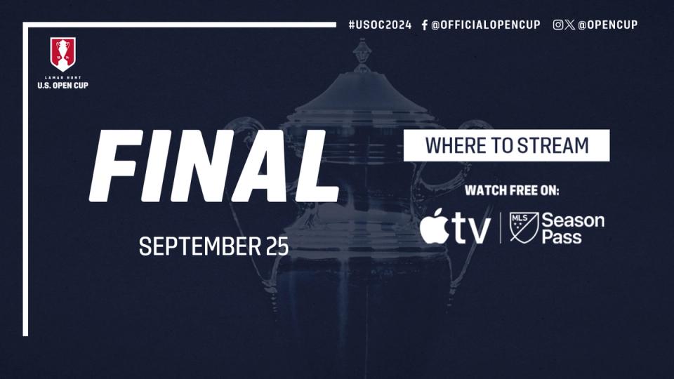 Graphic with text US Open Cup Final September 25 Where to Stream Watch for Free on Apple TV