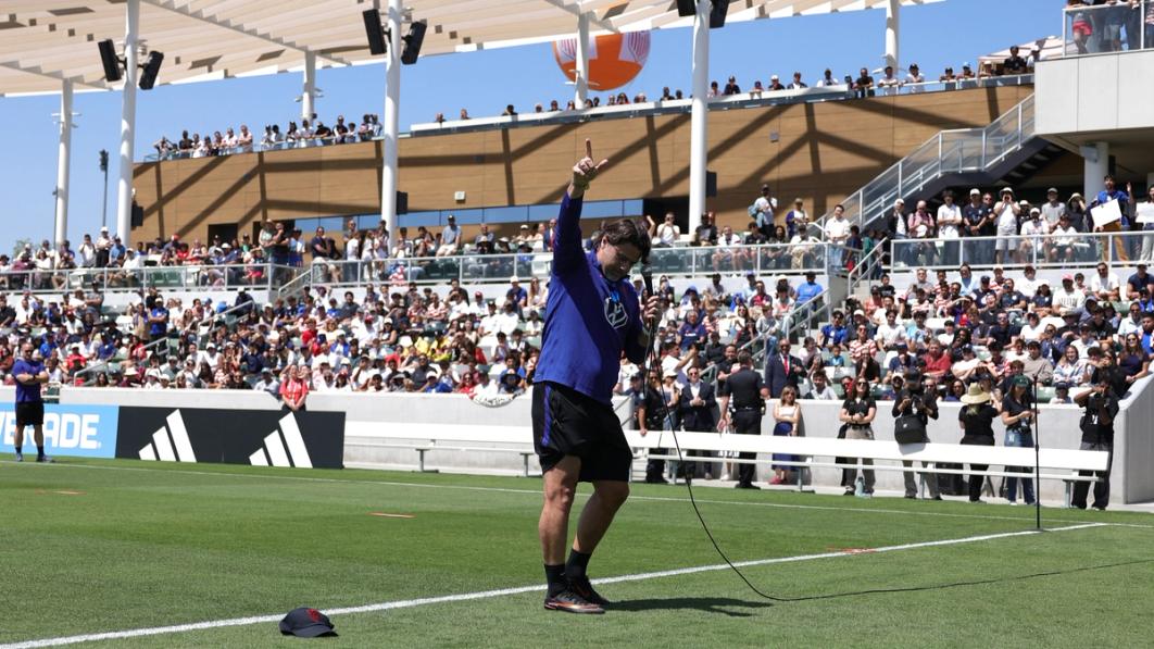 Mauricio Pochettino speaks to supporters at Great Park Sports Complex in Irvine, Calif.