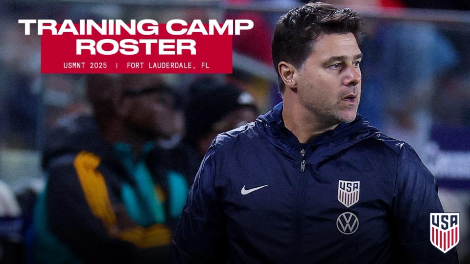 Graphic with a photo of Mauricio Pochettino and text Training Camp Roster USMNT 2025 Fort Lauderdale Florida