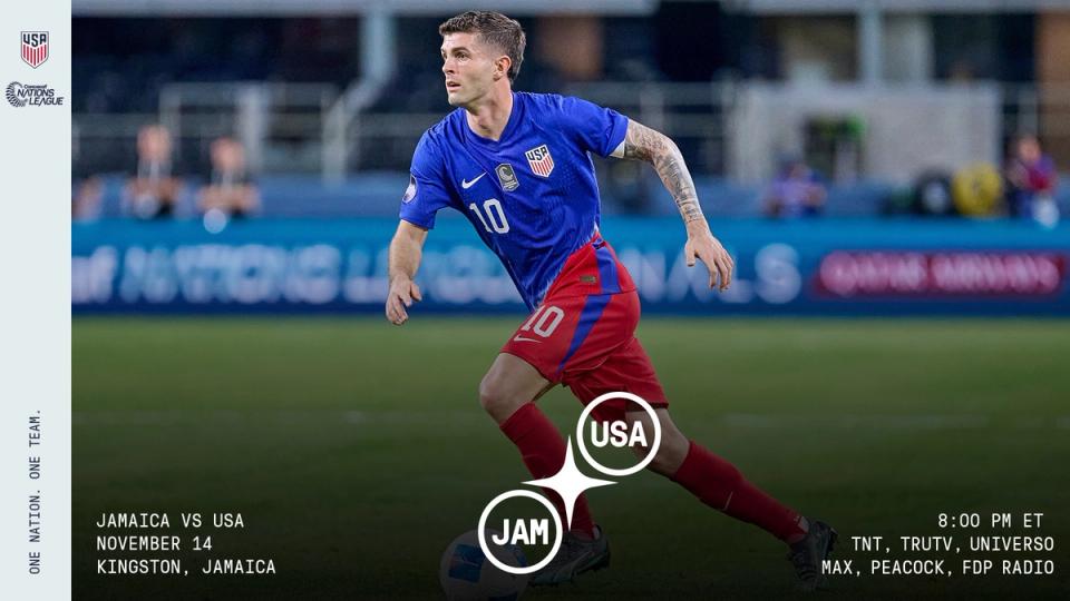 Graphic with a photo of Christian Pulisic and text USA JAM November 14 Kingston Jamaica