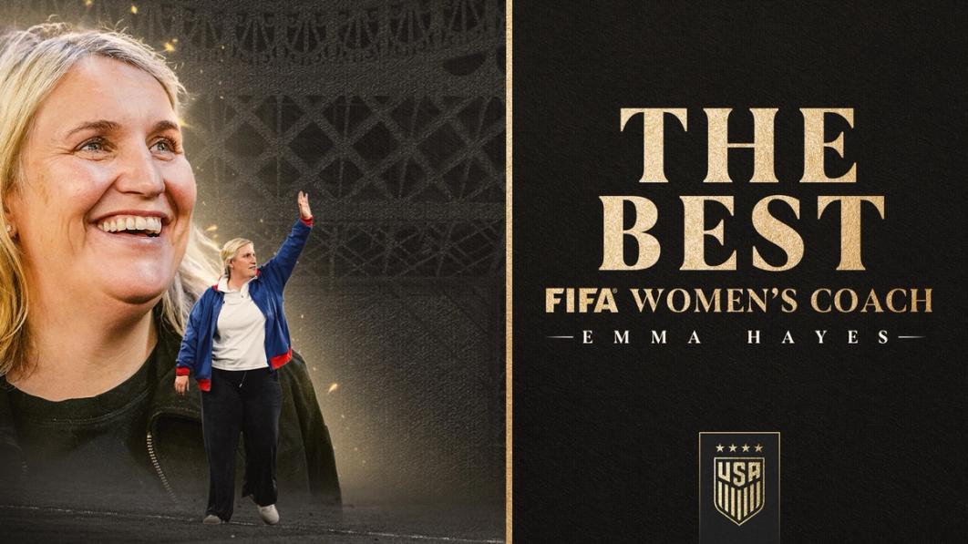 Graphic with a photo of Emma Hayes and text The Best FIFA Women's Coach Emma Hayes