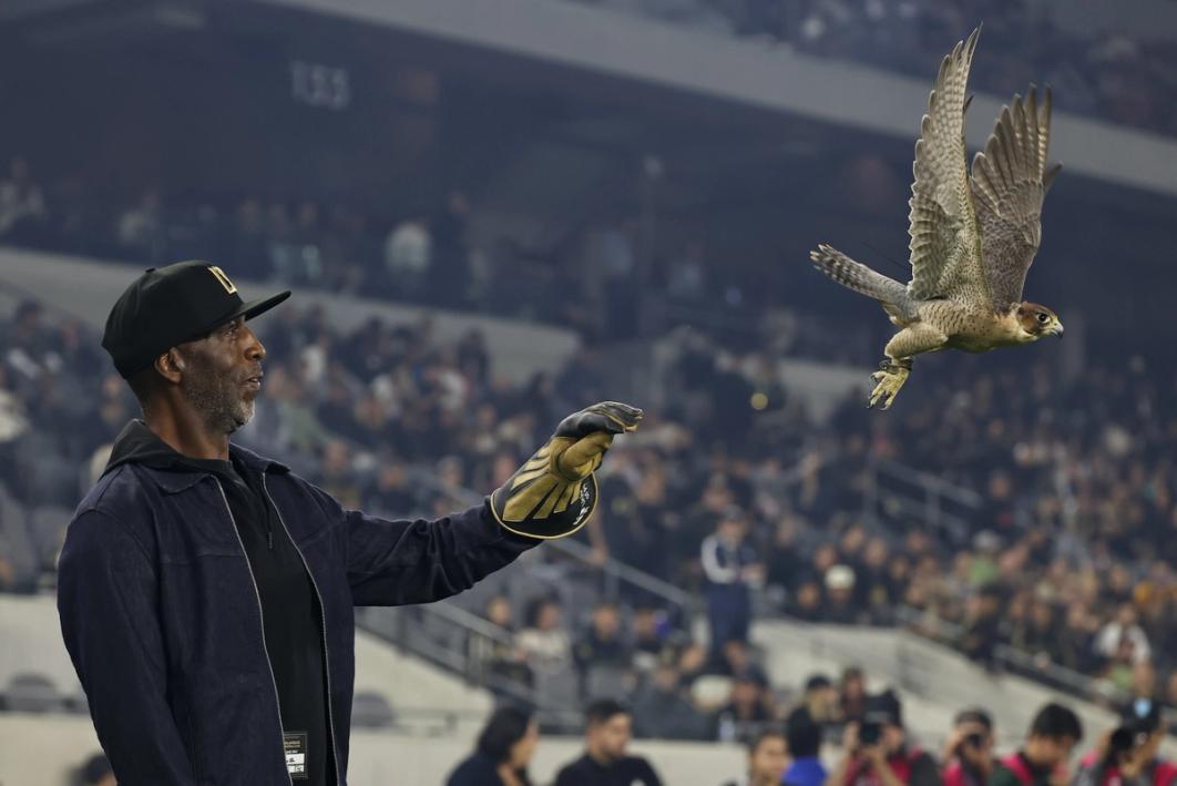 Former U.S. Olympian Michael Johnson let’s go of the ceremonial LAFC pre-game falcon