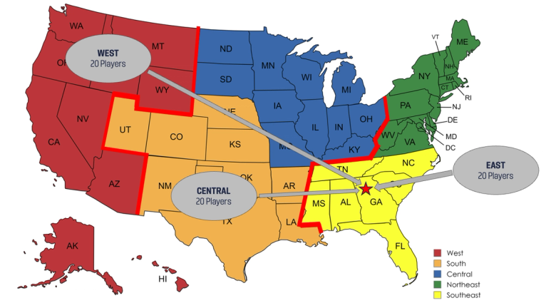 Map of the USA splitting up the different Talent ID regions