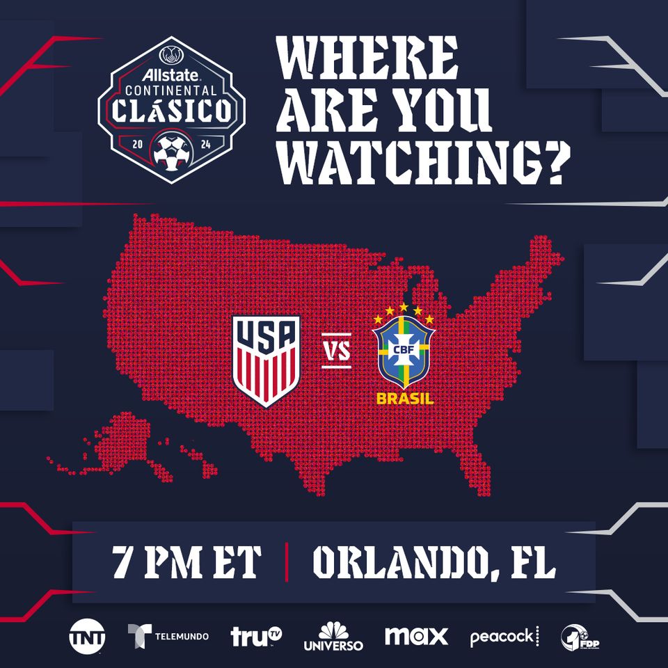 allstate continental clasico where are you watching usa vs brazil 7 pm et orlando fl tnt telemundo trutv universo max peacock fdp radio