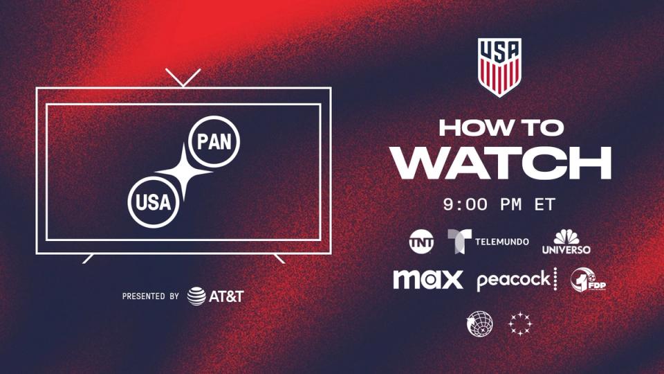 Graphic with text How to Watch USA PAN 9 PM ET TNT Telemundo Universo Max Peacock FDP Radio
