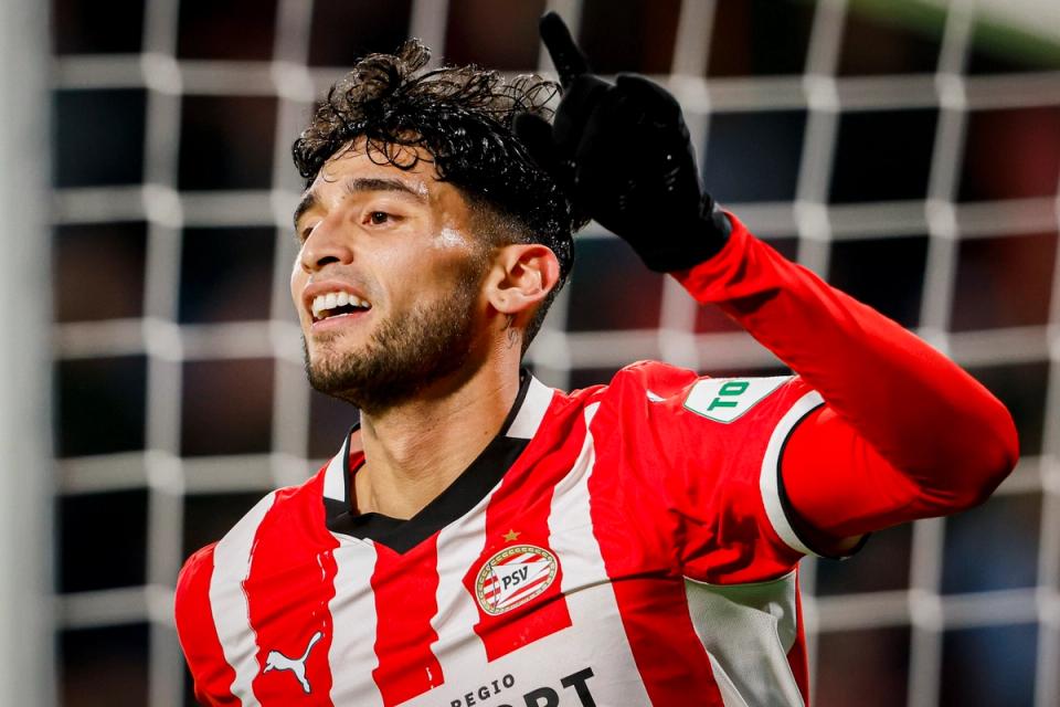 Ricardo Pepi celebrates a goal for PSV