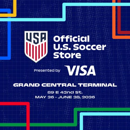 Promo graphic for the Official U.S. Soccer Store presented by Visa at Grand Central Terminal, May 26 to June 28, 2026.