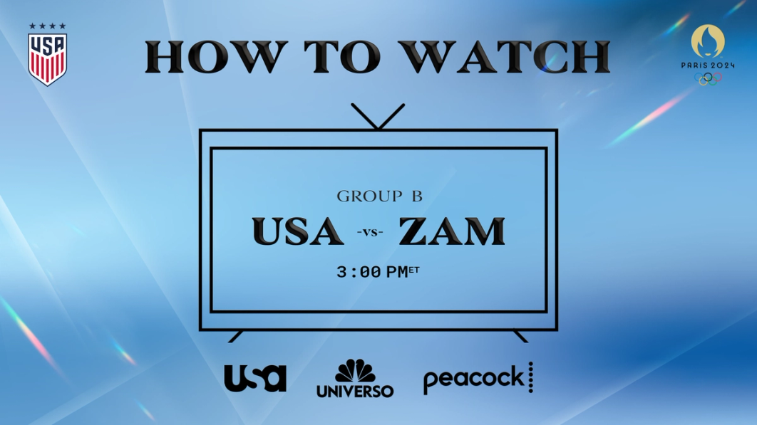 Graphic with text HOW TO WATCH Group B USA vs ZAM 3 pm ET USA Network Universo Peacock
