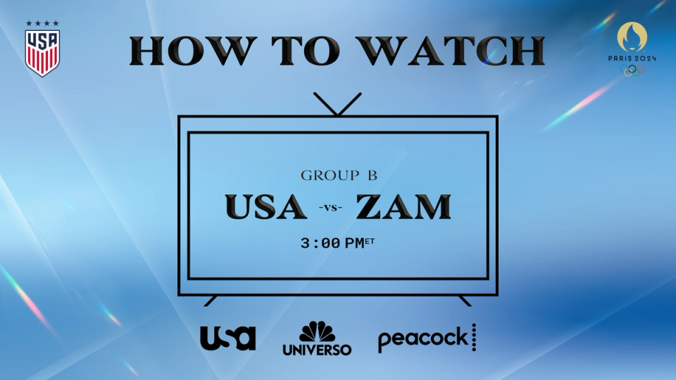 Graphic with text HOW TO WATCH Group B USA vs ZAM 3 pm ET USA Network Universo Peacock