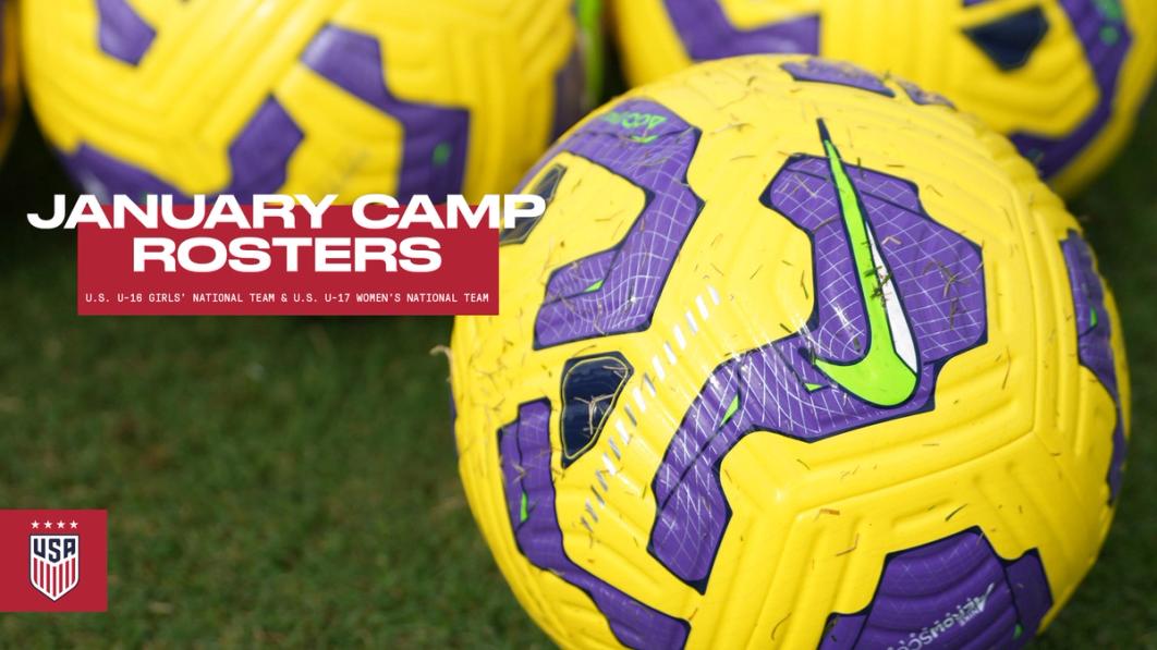 A graphic with a photo of yellow and purple soccer balls and text January Camp Rosters