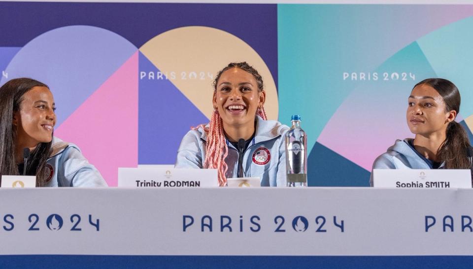 Mallory Swanson, Trinity Rodman and Sophia Smith at a table during a Paris 2024 press conference