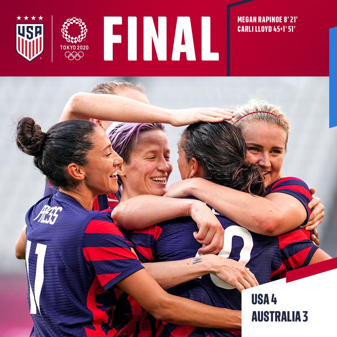 U.S. Women’s National Team Wins Bronze Medal With 4-3 Victory Against Australia on Two Goals Each From Megan Rapinoe and Carli Lloyd