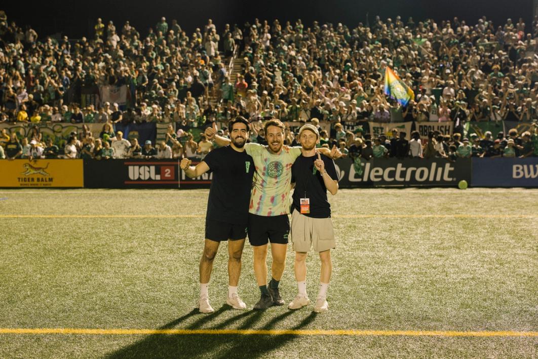 Three of Vermont Green FC’s co-founders, Patrick Infurna (left), Sam Glickman (center) and Matt Wolff (right), at the 2025 USL League Two Final | Image Credit: Patrick McCormack