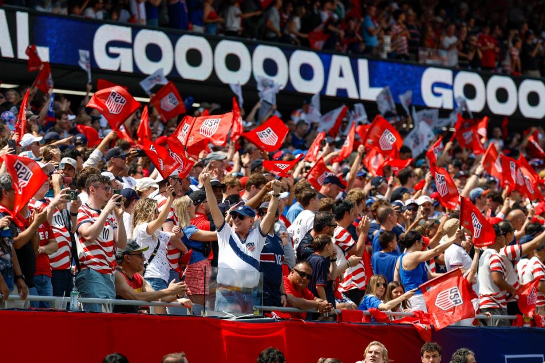 Fans celebrating a goal during the match between the U.S. and Germany at Soldier Field on June 6, 2026 in Chicago (Photo by Michael Miller/ISI Photos/ISI Photos via Getty Images)
