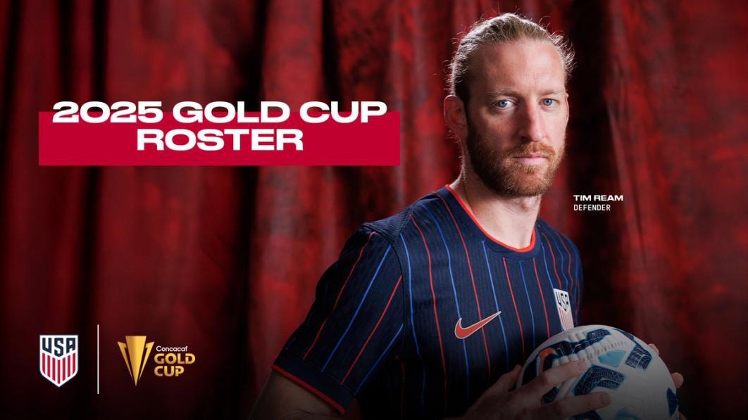 Photo of Tim Ream wearing navy blue heartbeat kit text 2025 gold cup roster