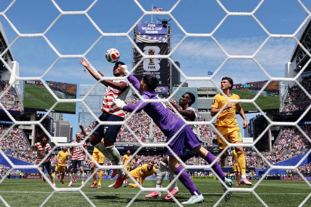 Alex Freeman heads in his goal in the FIFA World Cup 2026 Group D match against Australia at Seattle Stadium on June 19, 2026 in Seattle, Wash. (Photo by Sarah Stier - FIFA/FIFA via Getty Images)