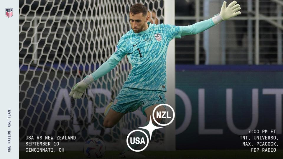 A graphic with a picture of Matt Turner and text USA vs New Zealand 7 PM ET CINCINNATI OH TNT UNIVERSO MAX PEACOCK FDP RADIO