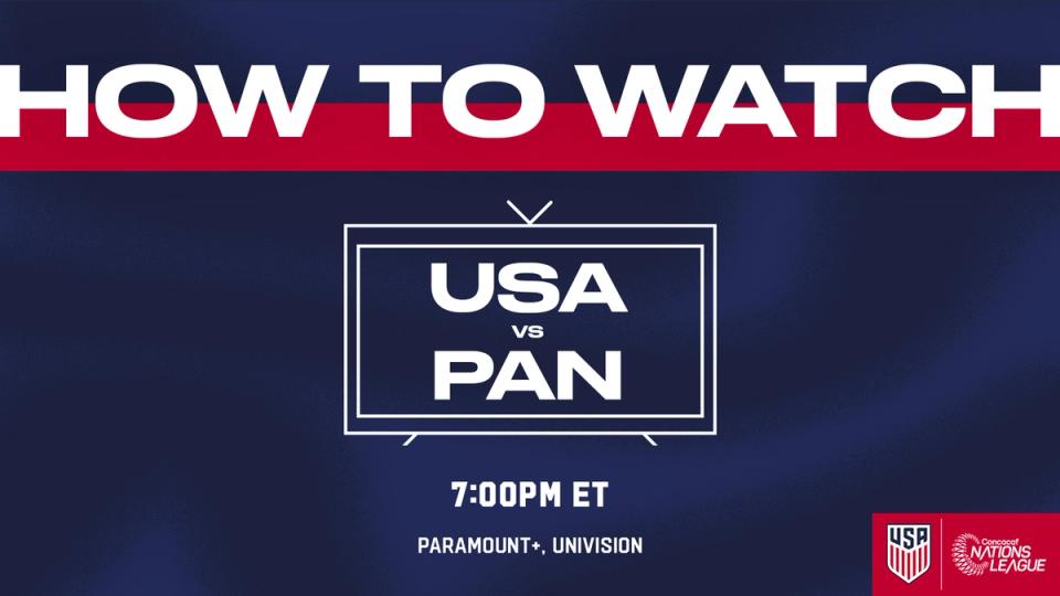 Graphic in blue with text How to Watch USA vs PAN 7 PM ET Paramount+ Univision