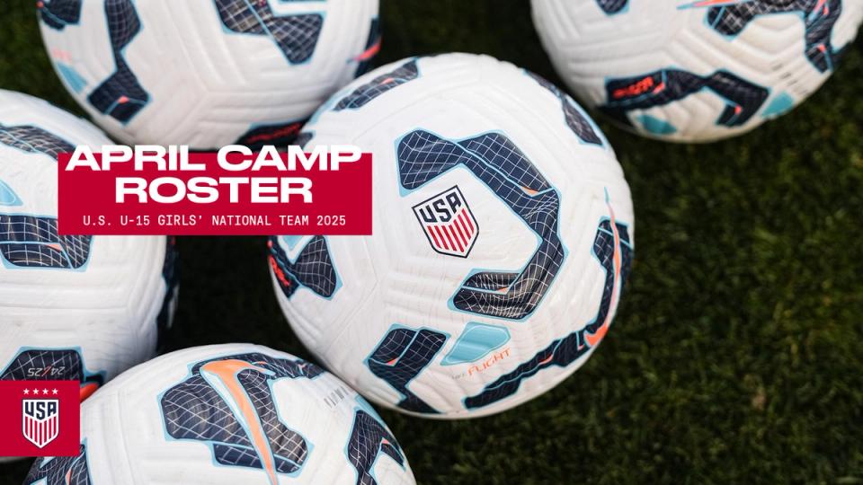 U.S. Soccer balls on field text April roster camp 2025