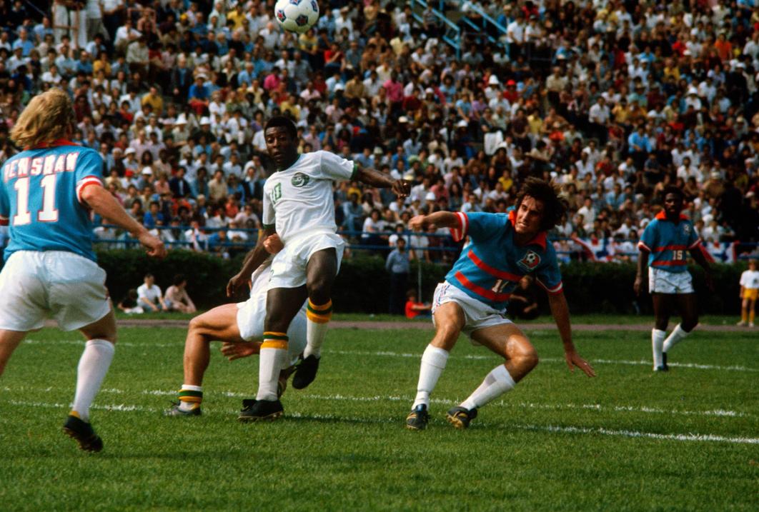 The New York Cosmos' Pelé against the Dallas Tornados on June 15, 1975 at Downing Stadium in New York City
