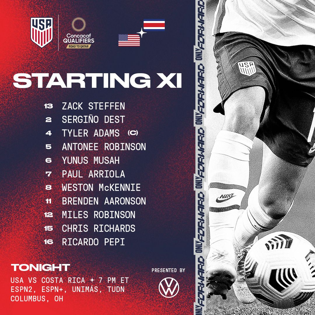 2022 Concacaf World Cup Qualifying USA vs Costa Rica Starting XI Lineup TV Channels Start Time