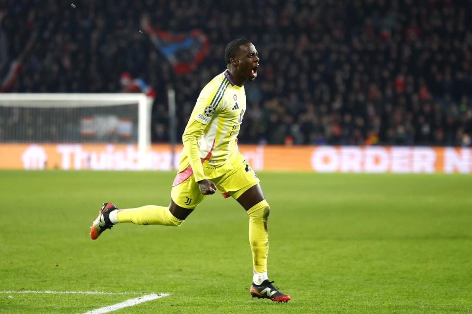 Timothy Weah of Juventus FC celebrates 1-1 during the UEFA Champions league playoff match between PSV Eindhoven and Juventus FC at Phillips Stadium