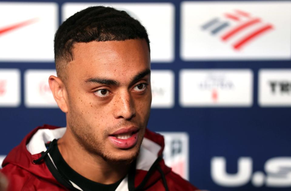 Sergino Dest of the United States talks to the media on June 28, 2026 in Irvine, California. (Photo by Jamie Squire/Getty Images)