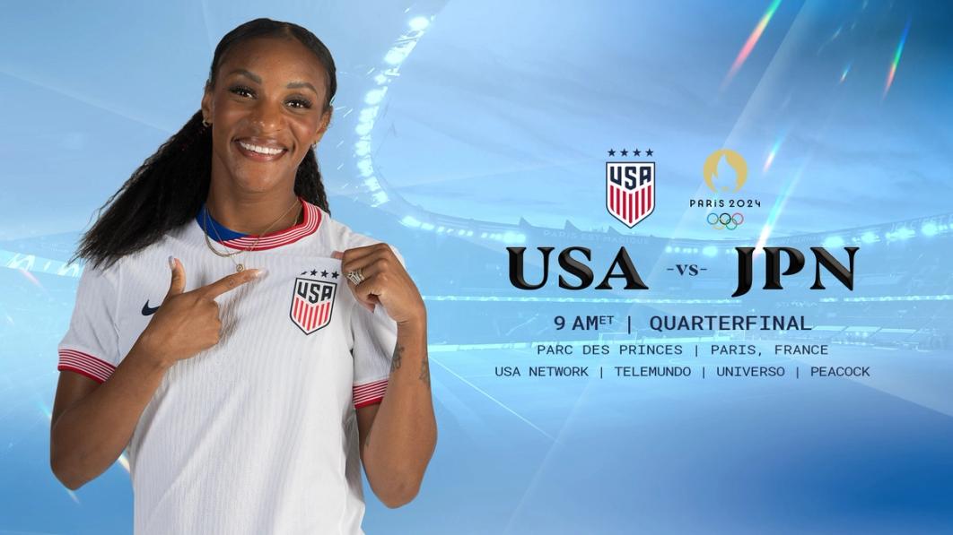 Graphic with Crystal Dunn and text JPN vs USA 9 am ET Quarterfinal Parc des Princes Paris, France USA Network Telemundo Universo Peacock