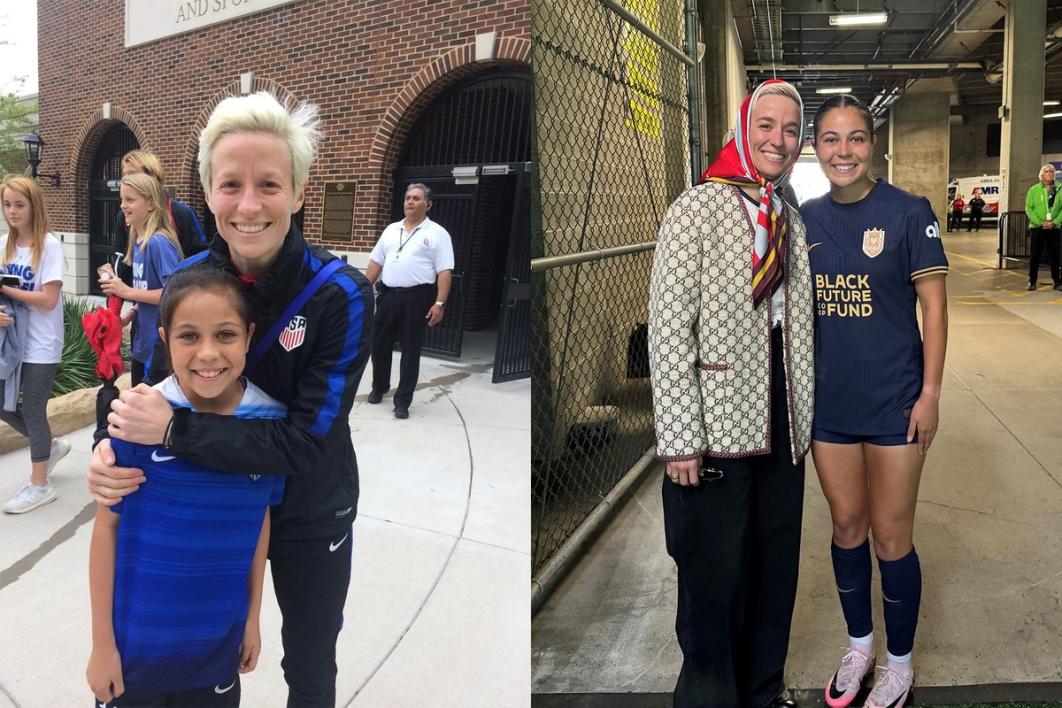 Side by side photos of Megan Rapinoe and Emeri Adames as a child and present day