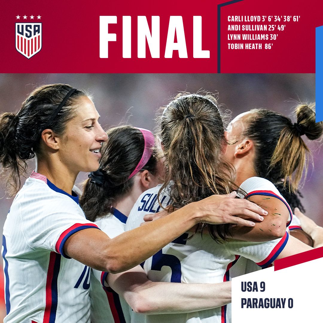 Carli Lloyd Nets Record-Tying Five Goals as U.S. Women’s National Team Tops Paraguay 9-0