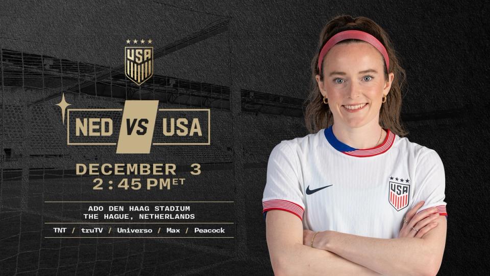 Graphic with Rose Lavelle and text NED vs USA December 3 245 PM ET TNT truTV Universo Max Peacock