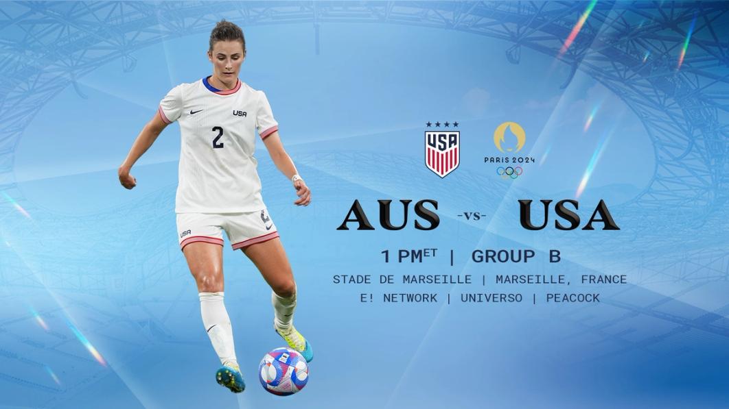 Graphic with Emily Fox and text AUS vs USA 1 pm ET Group B Stade de Marseille; Marseille France; E! Network Universo Peacock