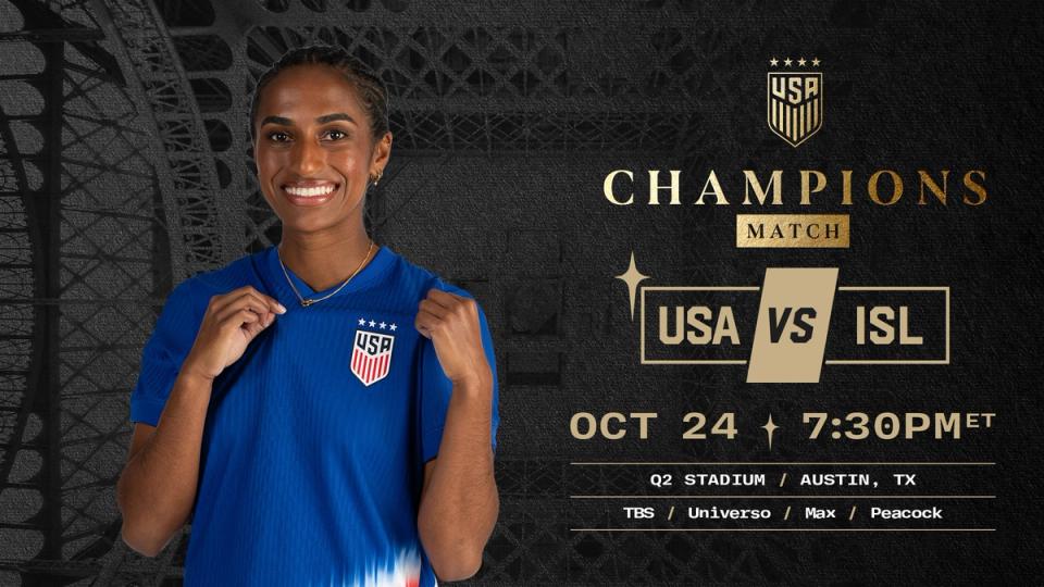 Graphic with a photo of Naomi Girma and text Champions Match USA vs ISL Oct 24 730 PM Q2 Stadium Austin Texas