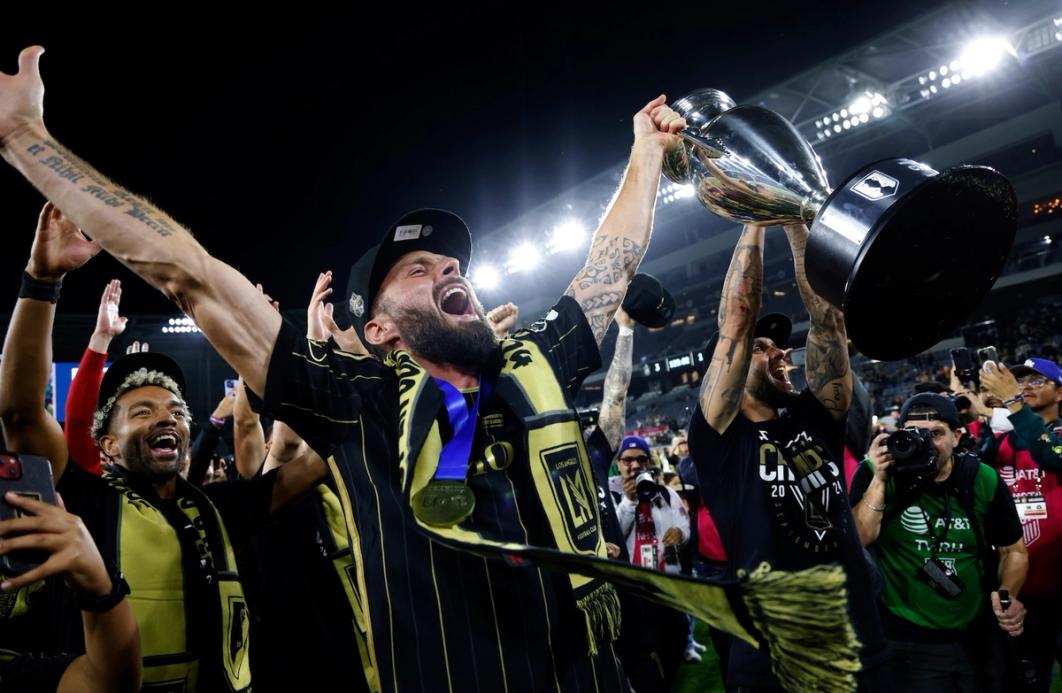 World Cup winner Olivier Giround and the 2024 Open Cup Champions LAFC celebrate 