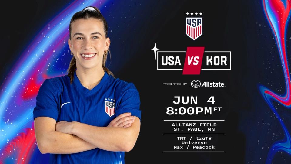 sam coffey standing in blue jersey with arms crossed and text USA vs KOR presented by Allstate June 4 8 pm et allianz field st paul mn tnt trutv universo max peacock