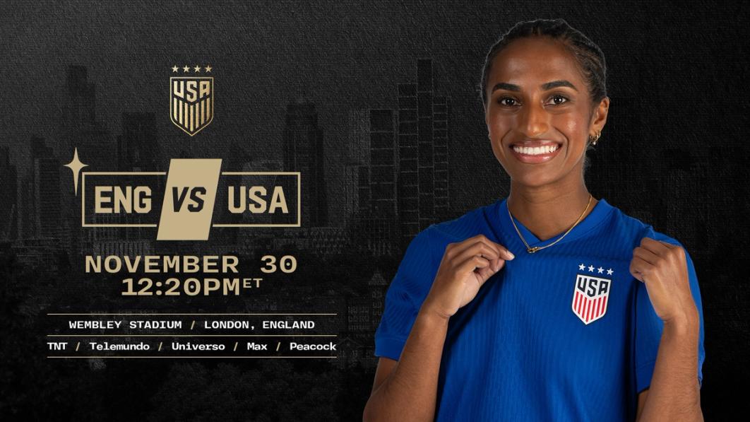 A graphic with an image of Naomi Girma promoting the USA November 30 match against England at Wembley Stadium.