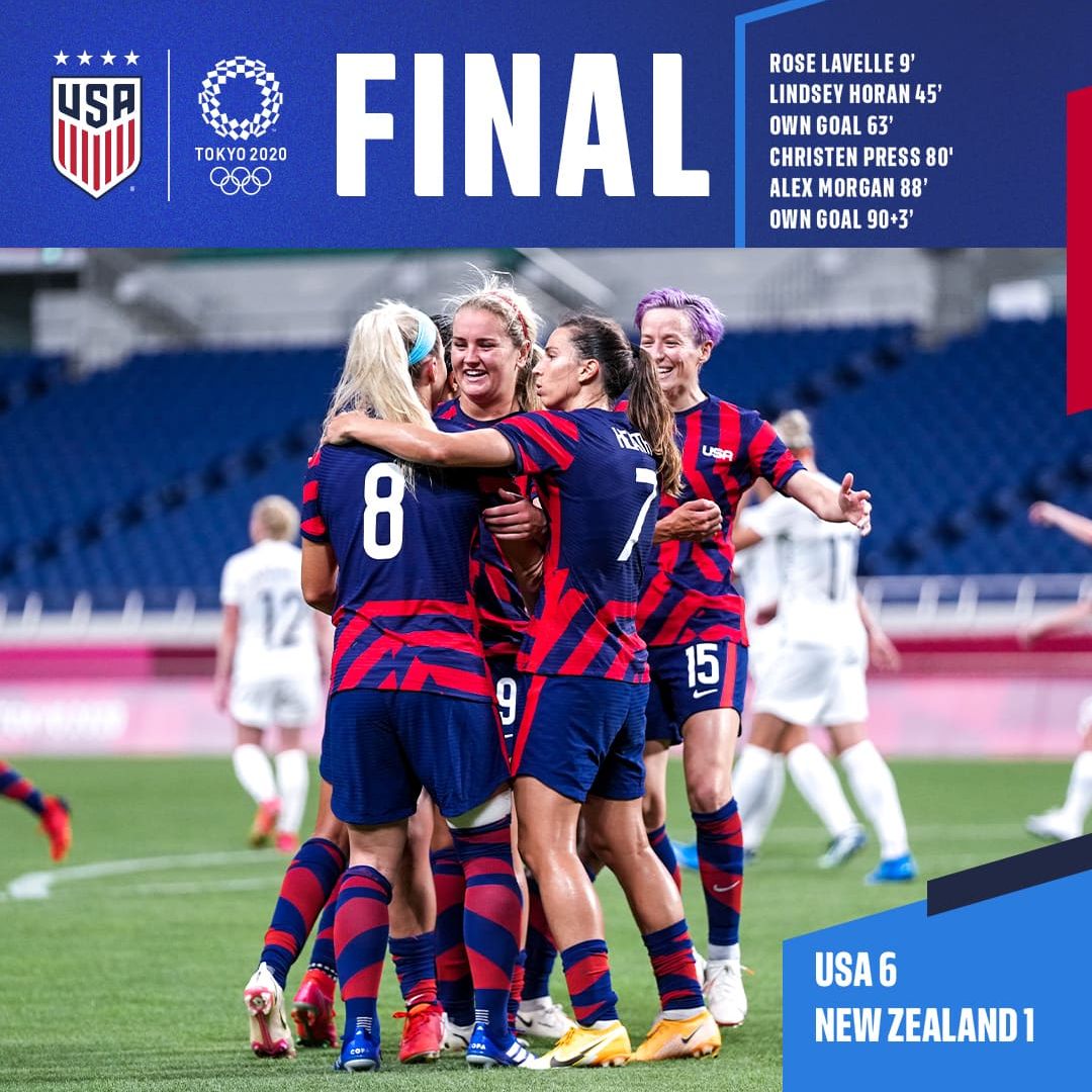 U.S. Women’s National Team Bounces Back at 2020 Tokyo Olympics To Defeat New Zealand 6-1 in Second Group G Match