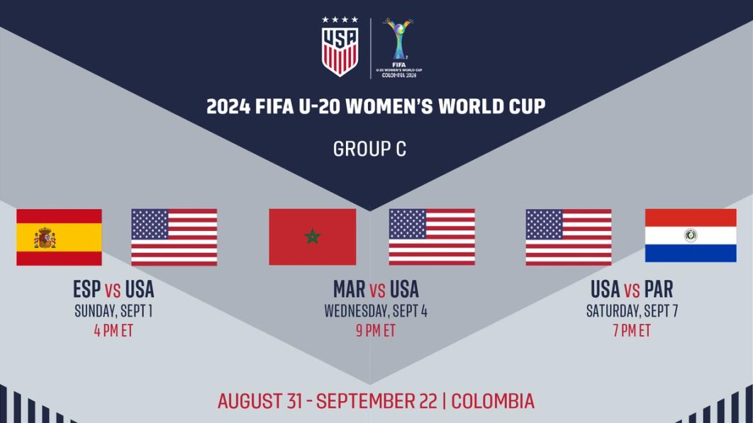 2024 fifa u20 womens world cup group c esp vs usa sunday sept 1 4 pm mar vs usa wednesday sept 4 9 pm et usa vs par saturday sept 7 7 pm et
